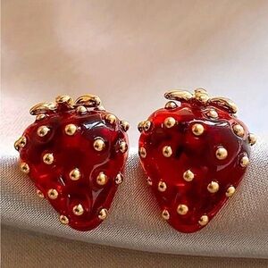 Red Strawberry Enamel Stud Earrings - Gold Accent